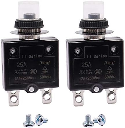 mxuteuk 2Pcs 25Amp Circuit Breakers Push Button Manual Reset 125/250V AC 50V DC, L1 Series Overload Protector Switch Thermal Circuit Breakers with Waterproof Button Caps L1-ls-25A