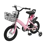 GXSFLG Vélo pour enfant de 12 pouces, avec roues stabilisatrices, panier et bouteille d'eau en rose, pour garçons et filles à partir de 2 à 5 ans, guidon réglable en hauteur, design amélioré avec