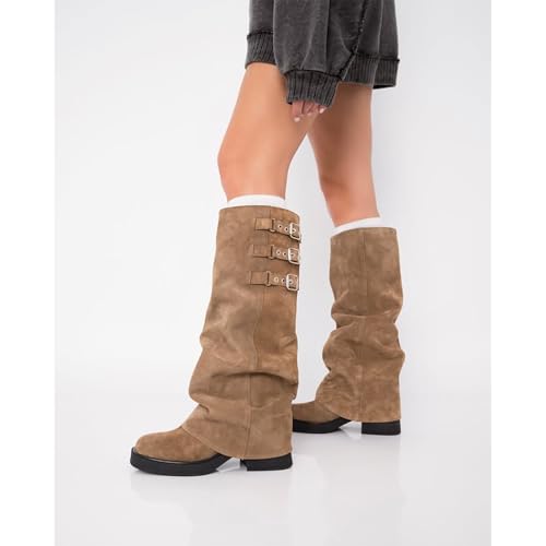 DOEYG Brown Suede Fold over Boots for Women Square Toe Slouch Boots Chunky Heel Knee High Boots Pull on Motorcycle Biker Boots Fashion Wide Calf Boots with Buckles2