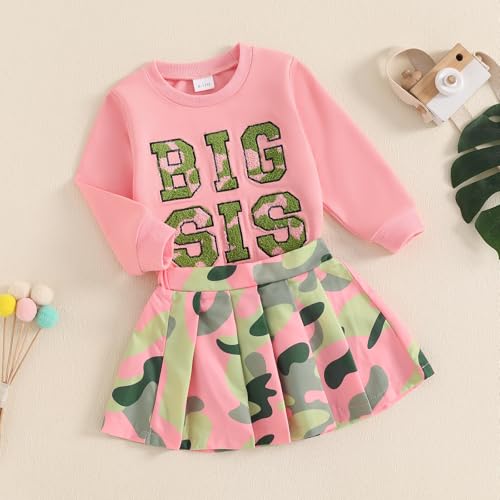 VISGOGO Big Sister Toddler Girl Skirts Outfit Dress Tops Long Sleeve Letter Embroidery Sweatshirt Tulle Skirt Set3