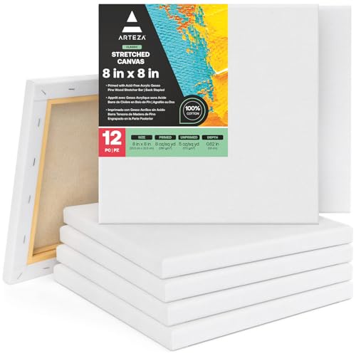ARTEZA Stretched Canvas, 8 x 8 Inches, Pack of 12, Blank White Square Canvas for Painting for Acrylic, Oil and Gouache Paints by ARTEZA - Used condition - CA$24.10