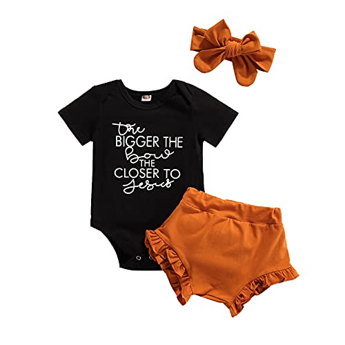 Image of Newborn Infant Baby Girl Outfit 3pcs Letter Print Western Clothes Sets Short Sleeve Tassel T-Shirts Shorts (The Bigger,0-3 Months)