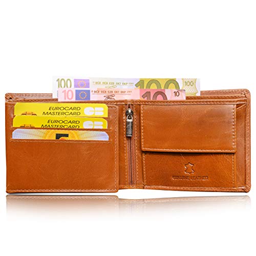 Mens Real Leather Slim Wallet Genuine Bifold Credit Card RFID Blocking Distressed Vintage Purse with Mens Gift Box (Tan)4