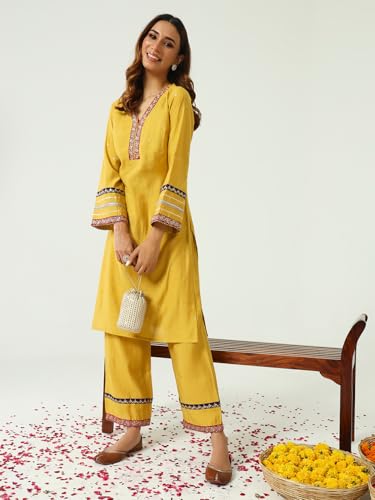 Image of FIORRA Women's Yellow Chanderi Straight Kurta and Palazzo Set