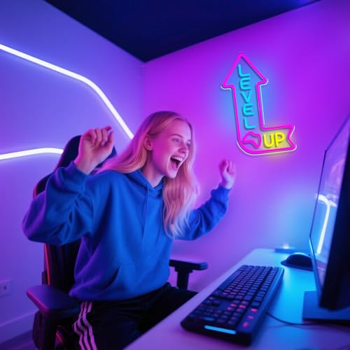 Image of Level Up Neon Sign for Gamer Room, Dimmable Game Neon Sign | LED Gaming Light Up Sign for Man Cave, Game Room, Bedroom, Party Decor, Gifts for Gamers, Boys & Teens, USB Powered
