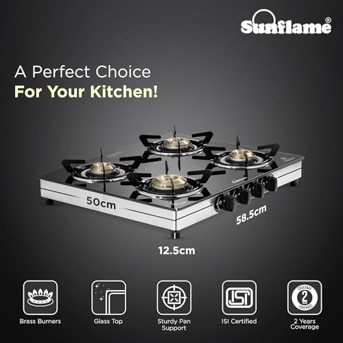Sunflame Crystal Nova 4 Burner Gas Stove | Dual Drip Trays | 1 Jumbo, 1 Medium and 2 Small Brass Burners | 2 Year Product Coverage by Sunflame |... - Image 3