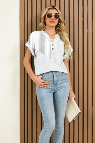 Womens Striped Henley Summer Tops V Neck Button Dressy Casual T Shirts Blouses 2025 Trendy Clothes2