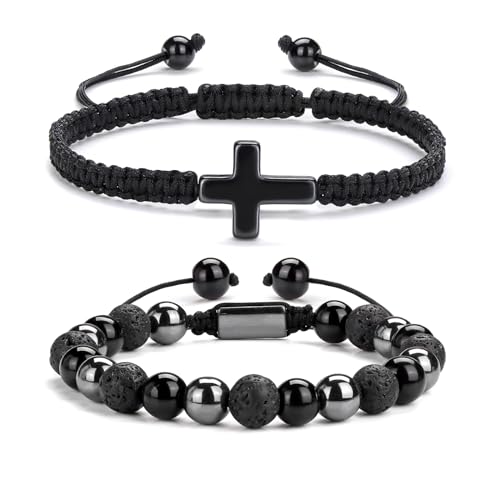 2 pcs Cross Beaded Bracelets for Men,8mm Black Obsidian Tiger eyes Hematite Mens Triple Protection Bracelet Set Fathers Day Birthday Jewelry Gifts