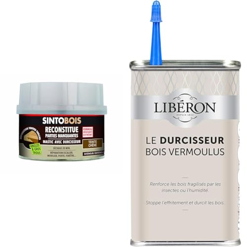 Durcisseur bois LIBERON incolore et mastic SINTO chêne pour angles
