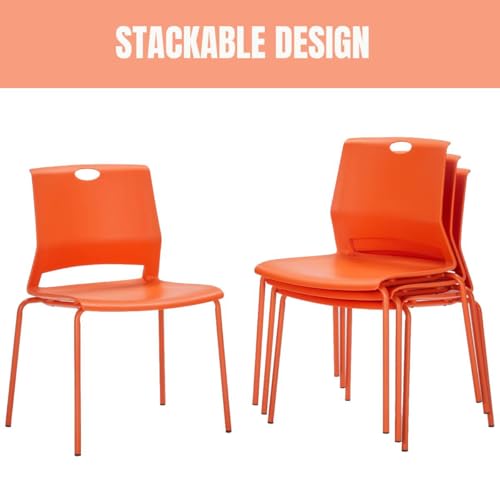 Image of Stackable Chairs Set of 4, Office Waiting Room Chair Plastic Seat, Orange Stacking Chairs with Sturdy Metal Legs, Guest Chair for Conference Rooms, Churches, Living Rooms, Classrooms(Orange).