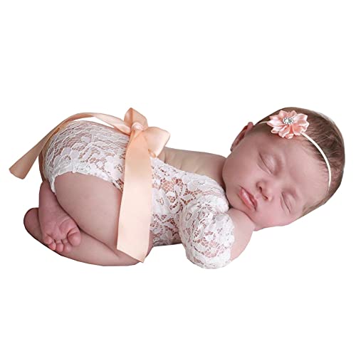 Accessoires de Photographie Nouveau Né Tenues, 2 Pcs Bébé Dentelle Barboteuse Bandeau Ensemble pour Fille Bébé Photographie Accessoire Photo Mignon Cover