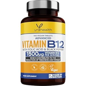 Vegan Vitamin B12 Tablets 1500mcg Methylcobalamin High Strength with Added Folic Acid & Black Pepper – 180 Tablets (6 Month Supply) – Reduction of Tiredness & Fatigue – Made in The UK by YrHealth