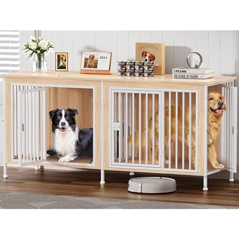 EasyCom 78" Dog Cage Furniture for 2 Dogs, Extra Large Double Dog Crate Furniture Large Breed, XXL Thick Wooden Dog Crate Furniture TV Stand, Sturdy Dog Kennel Furniture Dog Crate with Divider Beige Cover