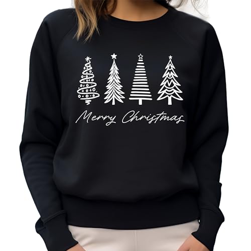 Chicken Craft Unisex Christmas Sweatshirt - Merry Christmas Tree Graphic - Festive Winter Holiday Top for Men & Women (White Trees, Black, M)