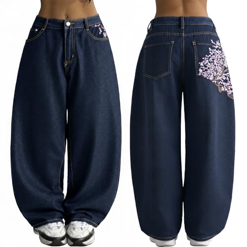 Image of EMMIOL Women Hip Hop 90s Vintage Baggy Jeans Denim Pants Mid Waist Jeans