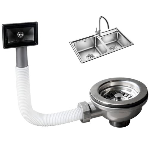 Válvula de cesta filtrante de acero inoxidable con rebosadero de 114 mm, juego de accesorios de desagüe para fregadero de cocina - Filtro de cesta y sifón para fregadero con interfaz rectangular