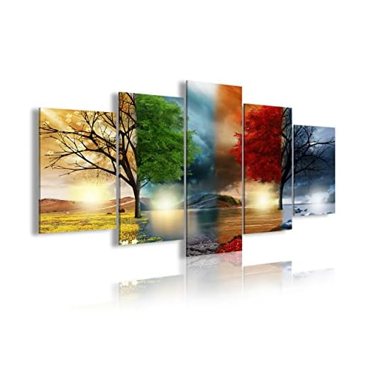 DekoArte 243 - Cuadros Modernos Impresión de Imagen Artística Digitalizada | Lienzo Decorativo Para Salón o Dormitorio | Estilo Paisaje Cuatro Estaciones del año Árboles Rojo | 5 Piezas 200x100cm XXL
