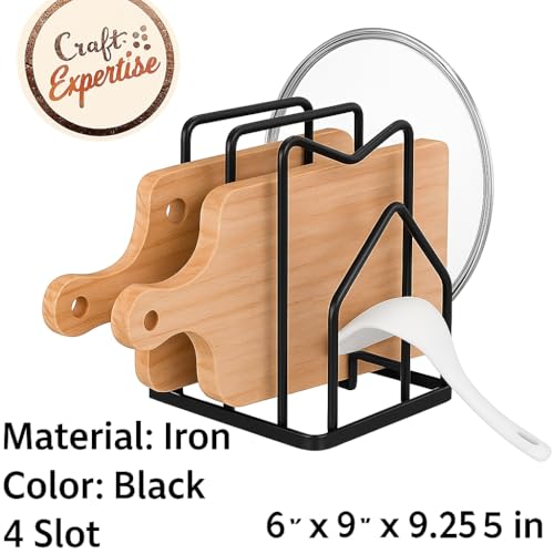 Image of Craft Expertise Black Iron 4-Slot Pan & Pot Lid Holder - Kitchen Plate Stand and Chopping Board Organizer for Cabinets (6 x 9 x 9.25 Inches)