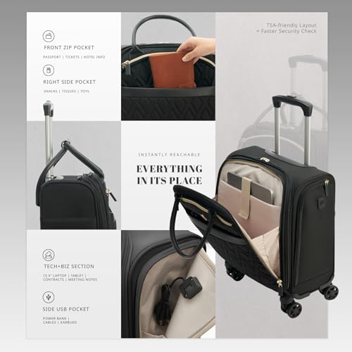 VERAGE 18x14x8in Spinner Underseat Carry On Luggage Airplane Personal Item Bag, USB A&C Charging Port, Padded Laptop Pocket & Wet/Dry Compartments for Women Business Travel & Short Trips,Classic Black by Verage - Used condition - Image 5