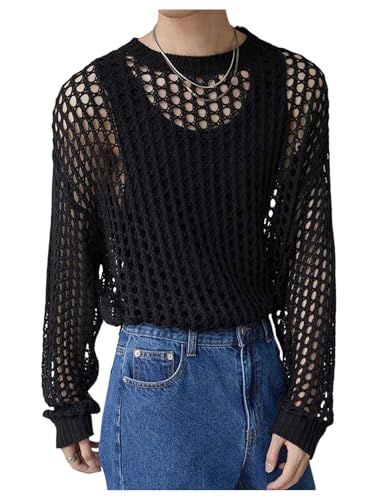 Floerns Men's Hollow Out Long Sleeve Sweater See Through Rave Outfit Knit Pullover Tops