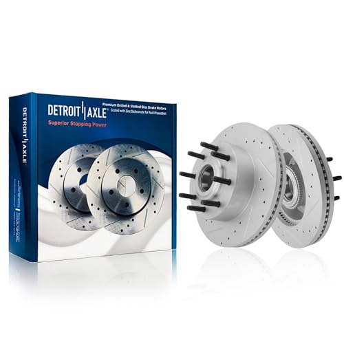 Image of Detroit Axle - RWD Front Brake Kit for Ford 2012-2022 F-250 2013-2022 F-350 Super Duty Drilled and Slotted Brakes Rotors Ceramic Brake Pads 2014 2015 2016 2017 2018 2019 2020 2021: 14.29 inch inch Rotor