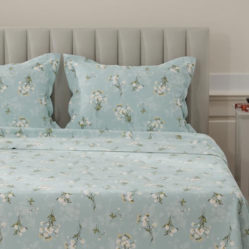 Image of Layers 100% Cotton Bedsheet for King Size Bed | Lumina Floret Collection | 144 TC Soft & Breathable | Printed with 2 Pillow Covers | Wrinkle Free & Colorfast | 3 Piece Bedding Set - Blue