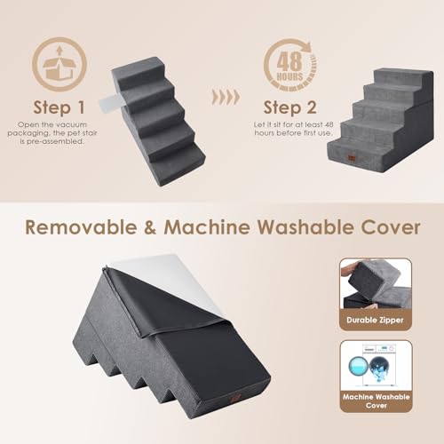 Image of EHEYCIGA Dog Stairs for High Bed 25 inch H, 5-Step Extra Wide Dog Steps for Bed, Pet Steps for Small Dogs and Cats, Non-Slip Balanced Pet Ramp Indoor, Grey