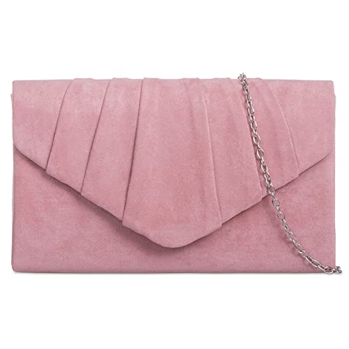 fi9® Plain Suede Pleated Wedding Ladies Party Prom Evening Clutch Hand Bag Purse (Dusky Pink)