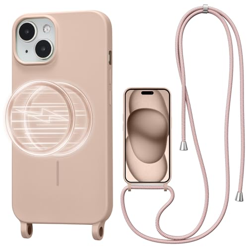 Coque MagSafe iPhone 13 antichoc silicone liquide sable avec sangle cordon