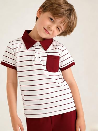 Image of Toddler Kid Boy Clothes Textured Striped Polo Collar Top Summer Shorts 2PC Summer Outfit Set