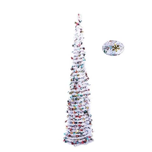 Oyrz 5FT Pop Up Christmas White Tinsel Trees W/Colorful Reflective Sequins, Collapsible Artificial Pencil Xmas Slim Tree w/Stand Easy-Assembly Reusable for Christmas Decoration(White)