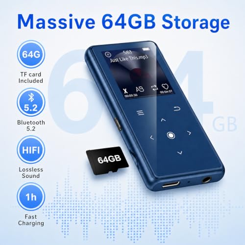 Image of MP3 Player 64GB Storage, Mini Size, HiFi Music, with Sports Clip, Blue