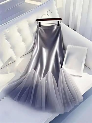 Women Satin Mesh Patchwork Skirt High Waist Solid Tulle Splicing Midi A-Line Skirts2