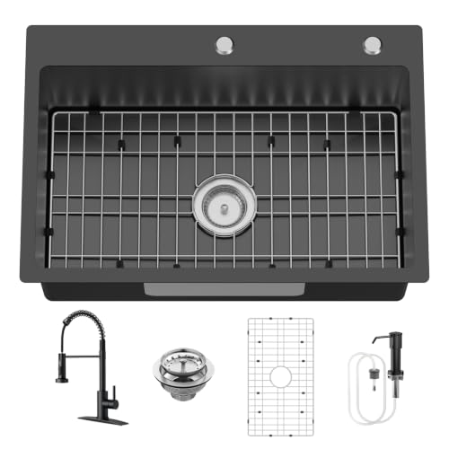 Black 27x18In Stainless Steel Drop In Single Bowl Kitchen Sink With Faucet