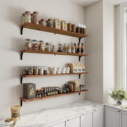 Image of 12 Inch Deep Floating Shelves Set of 4, 60 Inch Extra Long Brown Solid Wood Wall Shelves, 5ft Heavy Duty Farmhouse Wall Mounted Shelving for Kitchen, Living Room & Bedroom