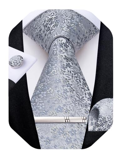 Image of DiBanGu Silk Floral Ties for Men Woven Paisley Necktie and Tie Clip Handkerchief Cufflinks Set for Party Wedding