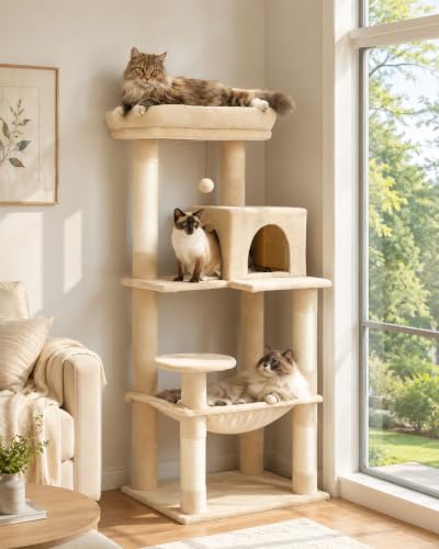 Image of MUTTROS Cat Tree for Large Cats Adult with Metal Plush Big Hammock, 56.3 inch Cat Tower with 2 Door Condo House, 6-Tier Cat Shelves with Scratching Posts and Large Top Perch, Beige