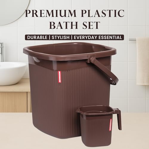 Image of Modware Square Ribbon Plastic Bucket Set with Mug | 18L Brown Bathroom Bucket with Handle + 1L Mug | Heavy-Duty Polypropylene + Co-Polymer | Stylish & Durable Bath Set (Brown)