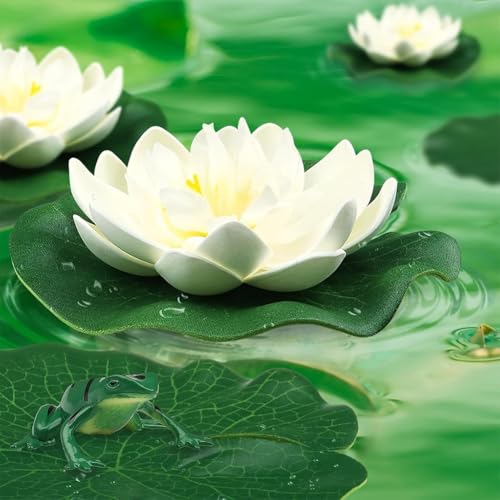 Seerosen Künstlich 20 Stück,Teichpflanzen Miniteich,Schwimmende Blumen,Wasserlilie Pflanzen,schwimmpflanzen miniteich,Künstliche Blumen White Lotus,Schwimmende Teichdeko für Gartenterrasse Dekoration