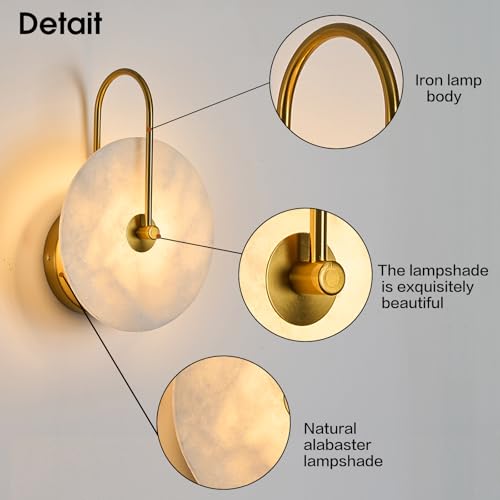 Fanyank Round Alabaster Wall Sconce Set of Two, Natural Marble Lampshade Wall Sconce, Hardwired Circular Sconce LED Modern Wall Lamp for Bedroom, Stairs, Living Room, Bedside, Hallway by Fanyank - Used condition - Image 2
