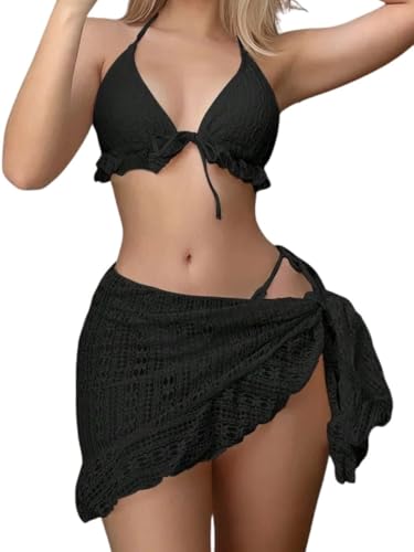 Image of LUXZII Sexy Beach Bikini Set for Women, Women's 3-Piece Crochet Bikini Set with Halter Ruffle Top and Side Tie Cover-Up Skirt - Sexy Swimsuit Beachwear for Summer, Pool, Vacation