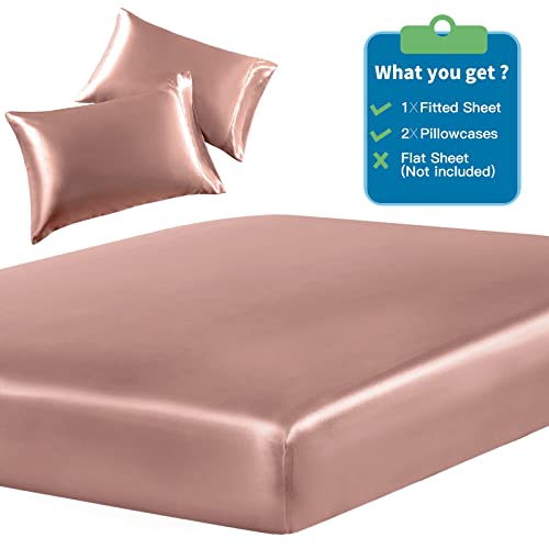 Image of SiinvdaBZX 3-Piece Set Satin Twin Fitted Sheet & 2 Pillowcase, Champagne Silky Soft Fitted Bottom Sheet, Wrinkle Free, Fade Resistant, Deep Pocket Bed Sheet (Deep Up to 15 inch)