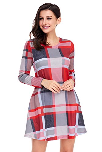 Vestido de tela escocesa BaronHong con cuello redondo y cintura alta para mujer color Blackred S