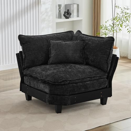 OQQOEE Corner Seat for Sectional Sofa, Modular Cloud Couch with Ottoman, Deep Seat Sleeper Sofas with Throw Pillows, Comfy Chenille Loveseat Sofa for Living Room, Apartment (Black, Corner Sofa)