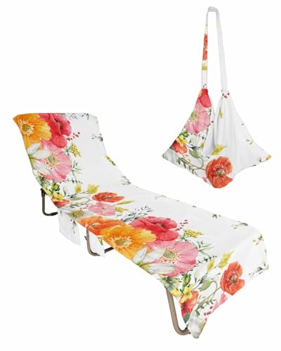 Spring Floral Beach Lounge Chair Towel Cover, Soft Chaise Lounge Towel with Side Pockets Patio Pool Chairs Cover for Beach/Pool Sunbathing 29x85 Elegant Summer Flowers Botanical Chic
