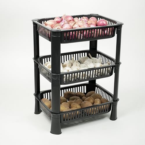 Image of THEODORE Plastic Vegetable Trolley Rack for Kitchen Storage Vegetable Organizer, Vegetable Stand for Kitchen Storage Racks for Office,Kitchen,Living Room, Fruits Onion Potato Stand (Black, 3 Layer)