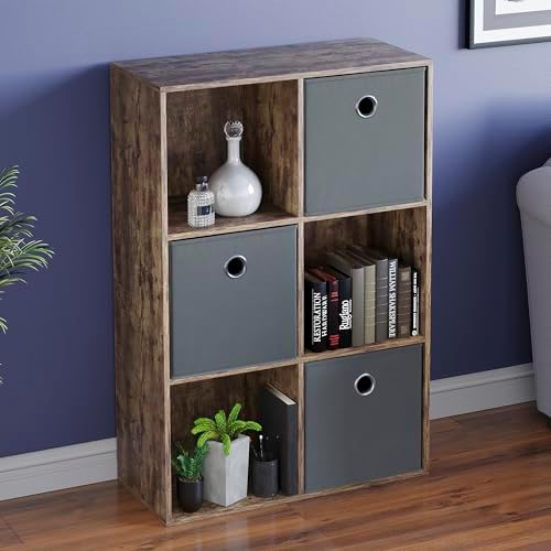 Vida Designs Durham Cube Bookcase Storage Organiser Living Room Bookshelf Home Office Furniture (6 Cube & 3 Grey Baskets, Dark Wood)