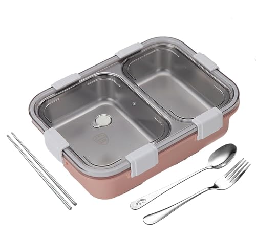 Image of Storescent Lunch Box with Compartment, Leak-Proof BPA Free Stainless Steel for School, Lunch Box for School & Office with a Fork, a Spoon and a Pair of Chopsticks (Pink, 2 Compartment)