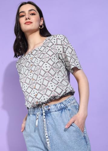 Image of Yash Gallery Women's Cotton Geometrical Print Waist Lengtth Square Neck Short Sleeves Regular Fitted Top