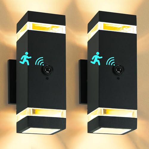Image of 2 Pack Motion Sensor Outdoor Lights, Dusk to Dawn Waterproof Wall Sconce with GU10 LED Bulbs, Black Aluminum Up & Down Porch Light Fixtures for House Garden Garage,ETL Listed